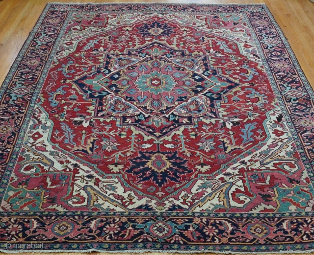 Antique 1900s-1910s Persian Heriz rug, size is 8'6" x 11'3" ft. (259 x 343 cm.) excellent original condition, no wears, no repairs, professionally hand washed and cleaned.      