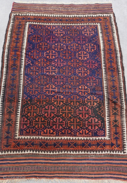 Antique Baluch rug Blue & green background, measures (3'7" x 5'6" ft.) (109 x 168 cm.) very good condition, no wears, no repairs/restoration, professionally hand washed & cleaned just recently.   