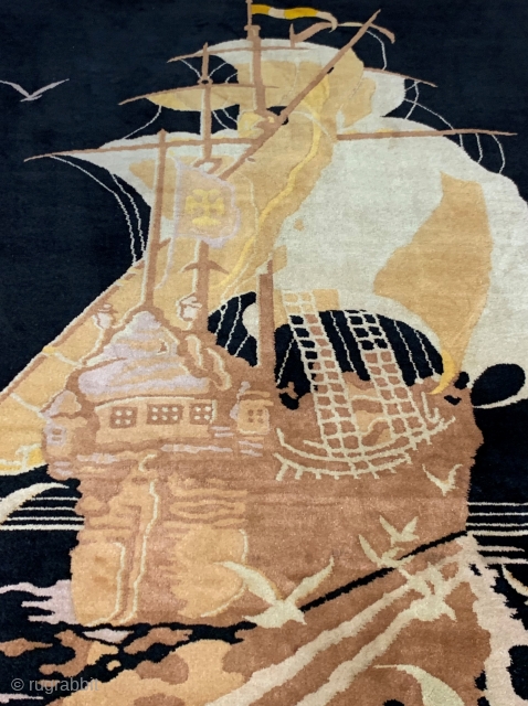 Antique Art Deco Chinese Oriental Rug with sailing boat, size is (4' x 7'ft) has full pile, professionally hand washed and cleaned, black background.         
