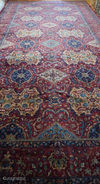 Antique Agra from India ca. 1920 , Palace Size: 13'x 26'ft. excellent original condition, hand knotted, Wool pile, hand washed and cleaned professionally just recently, gorgeous colors and design.    