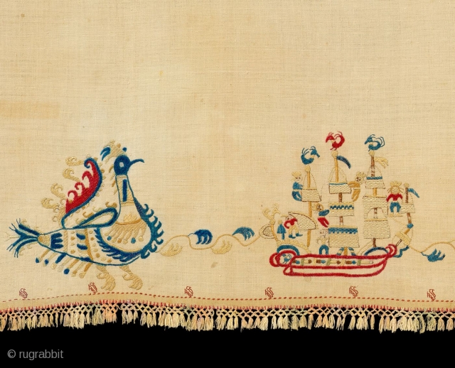 Border Panel of Wedding Bed Sheet, 

Skyros Island, Greece,

Linen, silk; embroidery,

17th/early 18th Century, 

82x16 in/208x40.5 cm


An heirloom textile that features repeats of ships with sailors separated by fantastic birds, both displaying Ottoman  ...