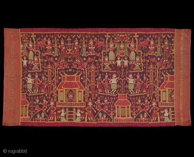 Pidan Temple Hanging,

Khmer People, Cambodia,

Silk; weft ikat,

19th/early 20th Century, 

62 x 32 in/157.5 x 81 cm, 

Pidans were never worn as clothing but rather were pious offerings, made to be hung in  ...