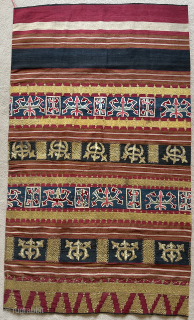 Tapis-Ceremonial sarong, Abung people, Lampung, Sumatra, Indonesia. Material Cotton, silk, metal yarn. Beautiful example. Size: 125x73cm. Item no:78. Www.tinatabone.com              