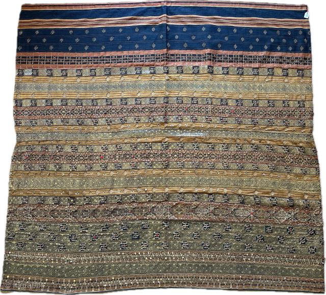 Fine Tapis - ceremonial cloth, Lampung, Sumatra, Indonesia. Beautiful gold metal embellished sarong that has been opened for full artistic effect. Superb quality and motif. Material: cotton, silk, metal thread. Size: 123  ...