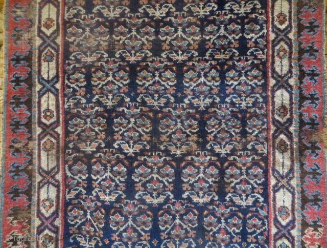 Shawsavan, approx 3 ft x 9 ft 3 in. 19th Century. Unusual border design. All good colors. Visible wear (see close-ups) but good pile makes it restorable.      