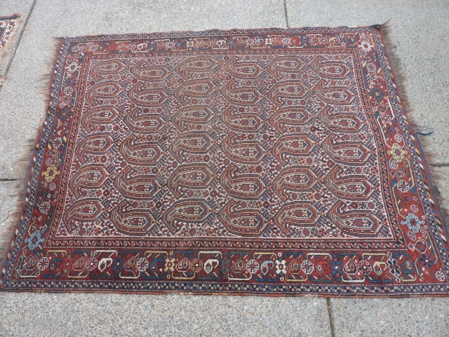 Antique botah rug 80" x62"  Probably from the Khamseh group.  Reasonably presentable thin/low-pile with a couple of small holes and wear spots--         