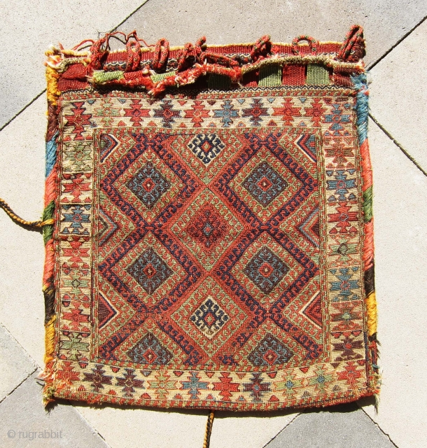 Another great sumac bag from Shahsavan region, antique and extremely colorful bag, all colors are natural. Size 1'-9"x1'-7".               