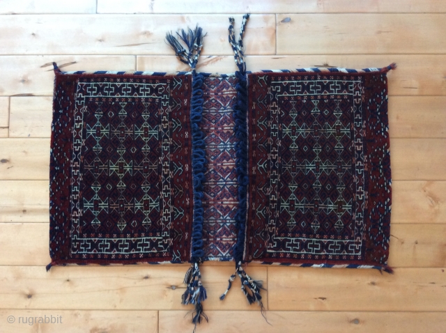 Antique Turkomen saddlebag khorjin.  Wool on wool.  37.5 inches x 22 inches, 96 cm x 56.5 cm. Sturdy.  In great condition.  Notice the heart design in the woven  ...