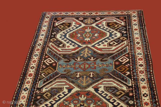 Antique Caucasien Lenkoran rug.missing two small bordures of each ends.old flatstich repairs.
2,80x1,26m --  9'1x4'1ft                  