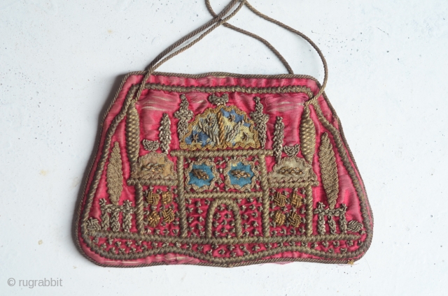 Lovely antique Ottoman silk embroidered purse with mosque motif.                        