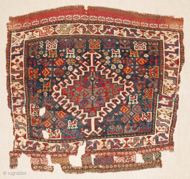 # 1036 Two Khamseh Khorjin Fronts, 72/66, 74/63 cm, Southwest Persia, late 19th century, sewn on linen, beautiful colours, creative motifs!  
For more offers of wonderful collector's pieces please visit our  ...