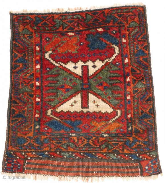 # 1121 Rare Kurdish Khorjin Fragment, 41/47 cm, Varamin area, last quarter 19th century, sides not original, best natural dyes, "crab border" as field design! For a complete overview of our Autumn  ...