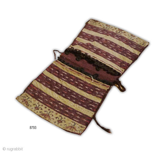 Turkeman (antique)
Flat weave Khorjin (Saddlebag) possibly from Turkeman’s of northern Afghanistan, circa 1900. natural dyes. fine and unusual.
Width: 48cm
Length: 97cm             