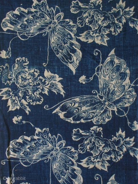 Katazome panel, Japan, early Meiji (circa 1870), cm75x33. This is a  Katazome  a cloth with a repeated pattern of butterfly and peony motif on a  sky blue indigo ground.  ...