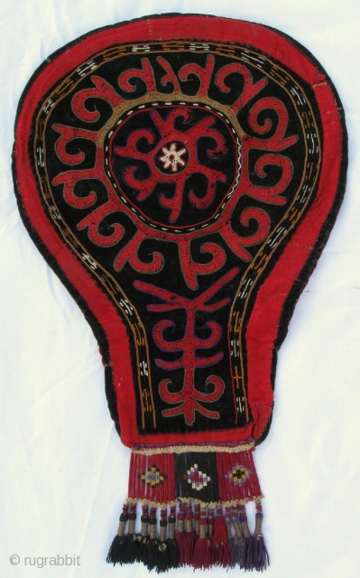 Antique Kirghiz nomads tent decoration, Central Asia, silk embroidered on black velvet foundation, have a very fine fringe, circa 1900. Size is 22x13 inches, 55 x 33 cm with fringe.   