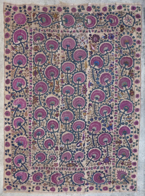 Beautiful antique Uzbek Suzani from the Ura Tube region, which is now in Tajikistan. Silk embroidery on a hand woven linen base cloth, which has darkened from age where exposed. Late 19th  ...