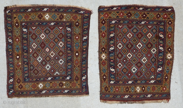 Antique Shahsavan / Shahsevan bag faces of a rare diamond lattice and star field with a yellow gold border. Wool construction with cotton whites. Floppy handle except corner repairs.

Generally in good condition.  ...