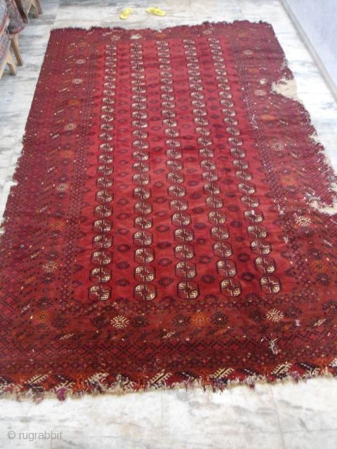 Antique Tekke bokhara rug
interesting yamut border
size : 13'.2'' x 8'.9''
condition : holes, washed, nice pile                  