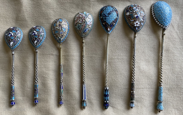 very nice silver enameled spoons                            