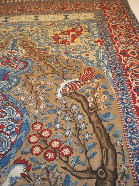 Persian Tree of life pencilled cotton hanging with birds
Circa 1850/1900
Large pencilled and printed hanging probably in Isfahan (Persia). Fully lined with a dyed indigo cotton voile , its "tree of life" design  ...