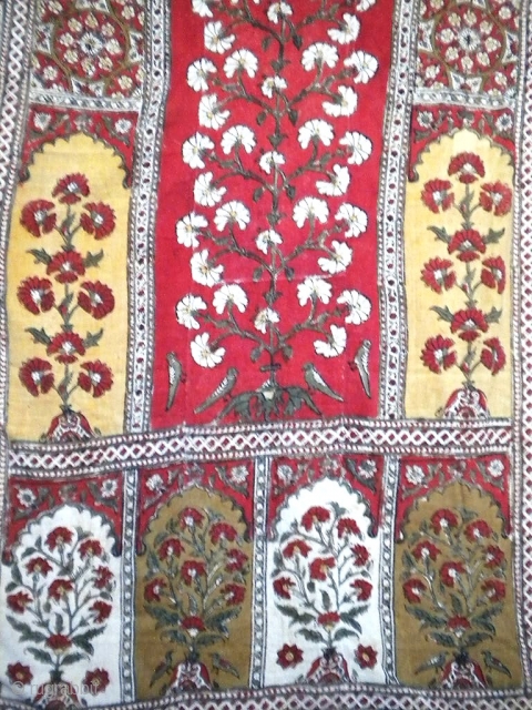 Spectacular block printed hanging from North india late 19c.
this tapestry shows the late return of the Mughal period design that was popular in the eighteenth century. There is a typical mughal tree  ...