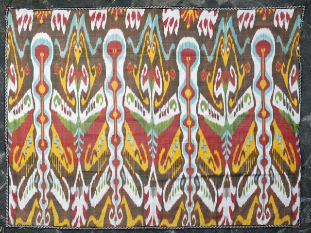 large ikat panel made of four panels, bought many years ago in Uzbekistan, idiosyncratic pattern, adras (silk and cotton), 198 x 148 cm (78 x 58 inch), good colors, a few old  ...