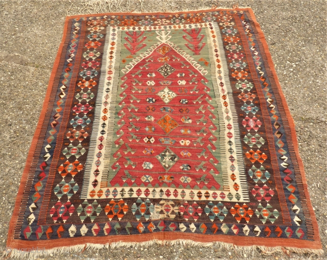 Anatolian Prayer Kilim. Size: 137 x 164 cm. Some holes. Need repairs.                     