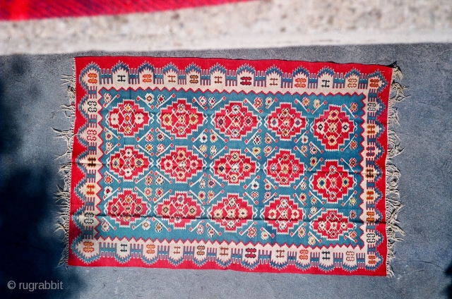 Antique Pirot Sarkoy kilim named Francuske bombone. 
 Dimensions: about 200x150. 
Very rear color and ornament...                 