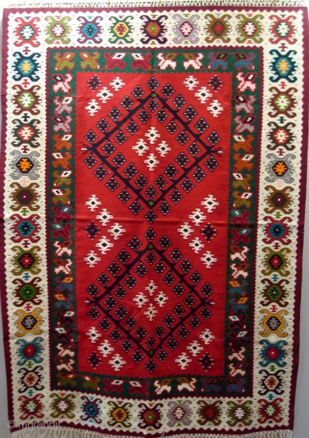 Antique Pirot sarkoy kilim named Venci.
Age: very begining of 20th century.. 
Dimensions:about 200x150, very  unique ornament                