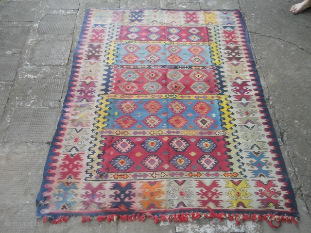 Antique Pirot Sarkoy kilim, named Bombe na table. 
 Dimensions: about 200x150. 
Very rear color combination...                 