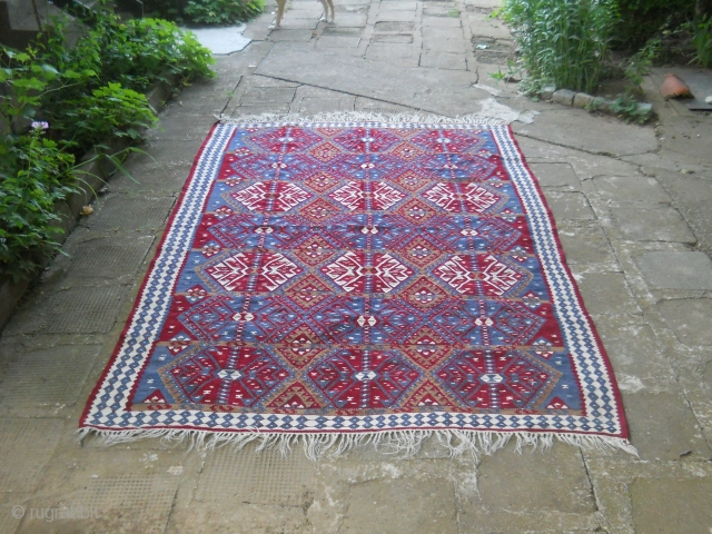 Antique Azerbajijan Sarkoy kilim. 
Dimensions: about 240x160cm. Good condition.
Very rear color combination...                     