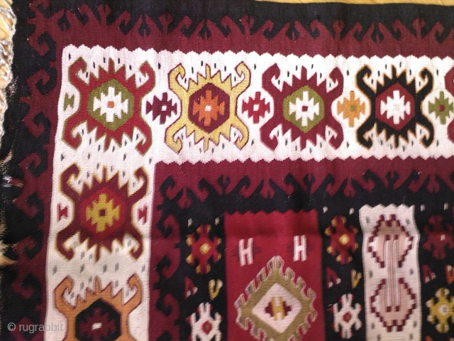 Antique Pirot sarkoy kilim named Kuveri. 
Age: very begining of 20th century.. 
Dimensions:about 200x150, very unique ornament                