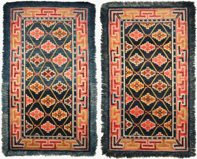 Matched pair of fringed Tibetan carpets. Both carpets have cotton warp and wool weft, the dyes are primarily natural and they were made circa the 1920's. Sizes are 152cm x 93cm (approx.  ...