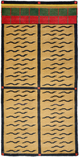 Tiger striped Tibetan 'goyo' or ‘door rug’ (twell, actually, a door ‘curtain’). These pile woven goyo’s with the crossed / quadrant design, and the coloured ‘bars’ across the top, mimic the more  ...