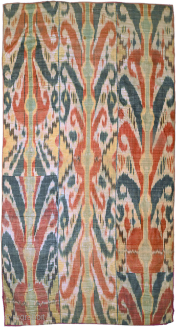 Uzbek silk and cotton ikat panel with a totemic tree-like design from the Samarkand / Bokhara region of what was once called 'Greater Turkestan' in central Asia. Made sometime in the second  ...