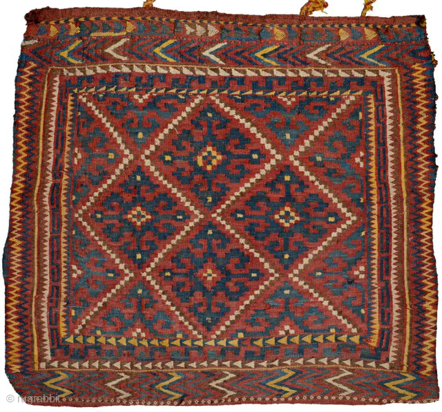 Central Asian Uzbek Tartari saddle storage bag. Pleasing combination of colours with the blue being especially attractive. Made in the early 1900s it has wool weft and goat hair warps, all natural  ...