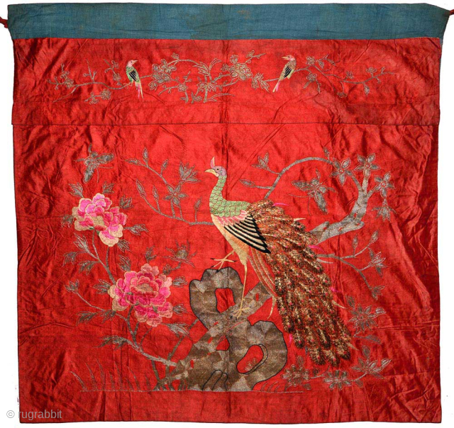 Elegant 19th century Chinese “Yue” embroidered* silk peacock banner using finely woven coloured silk threads, and wafer-thin silver encased silk threads, on a red silk panel. The super-fine embroidery and expert blending  ...