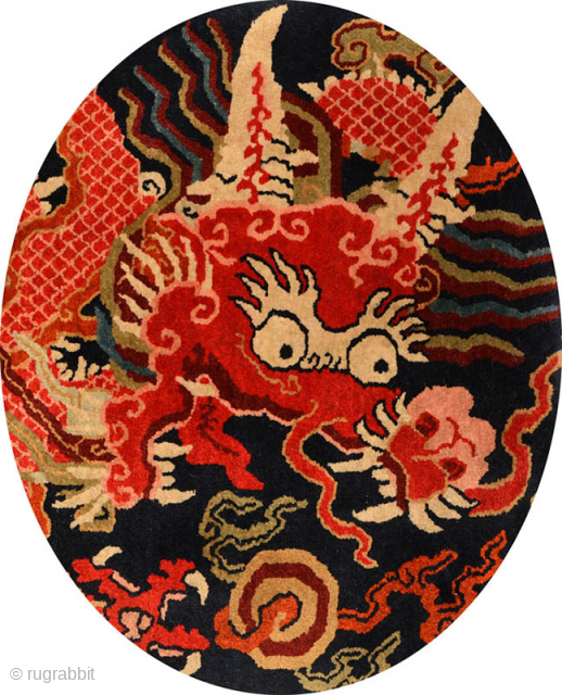 Spectacular horned dragon Tibetan shugden (seating carpet). Dramatic drawing, excellent dyes and a very tight weave (for an old Tibetan carpet @ 90kpsi / 1395kpsdm). Size is 84cm x 63cm (approximately 33in  ...