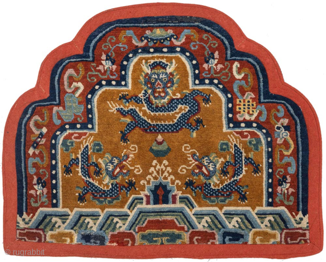 a rare Tibetan – that is, woven in Tibet with the Tibetan knot (not the more common Ningxia / 'Chinese' knotted type) - three dragon throne back-rest or 'seating-back' carpet made for  ...