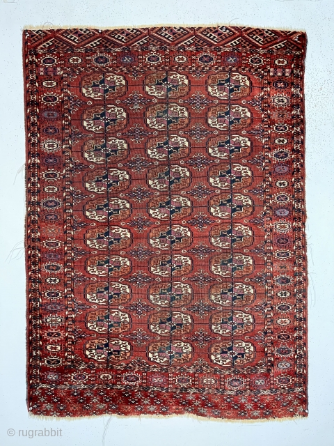 Antique small colorful tekke rug. All good colors and nice fine weave. Skirt or elem panels of different design at each end, a trait I associate with good age. Pile varies from  ...