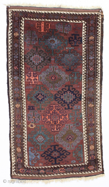 antique diminutive baluch rug in excellent condition with very nice electric blues. Great large scale design. Turkish knotted. Original selvages and end kelims. Good piece with good age, ca. 1880. Great size.  ...