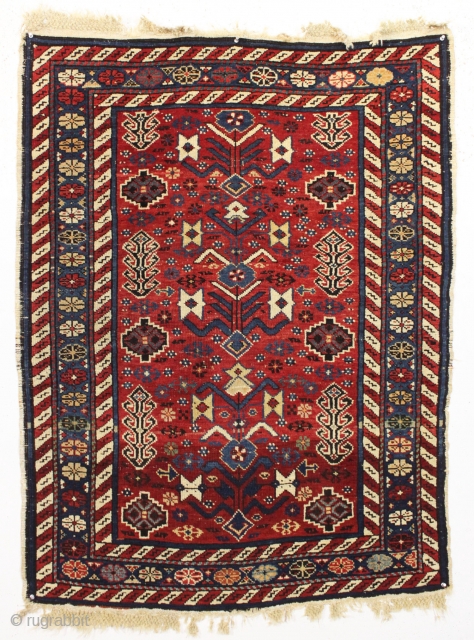 antique shirvan rug. Unusual design. Untouched near original condition with original selvages and end braiding. All beautiful natural colors. Recent wash. Late 19th c. Great small size 3'3" x 4'4"   