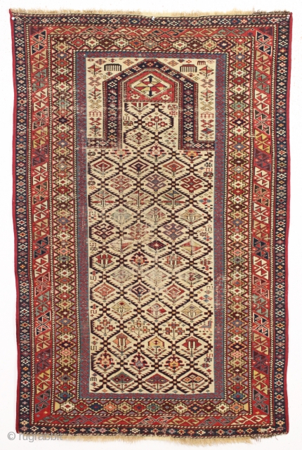 antique caucasian shirvan prayer rug. Classic lattice design. As found, some wear and edges rewrapped. Nice wall piece or usable on the floor in a low traffic spot. Not perfect condition and  ...