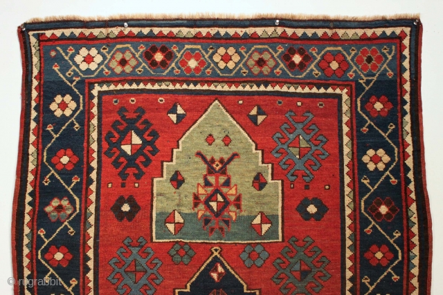 Antique Kazak. Bold design. Good  original condition. Good healthy pile, a little brown oxidation and slight center wear. No repairs. All good natural colors featuring a very nice green. "As found",  ...