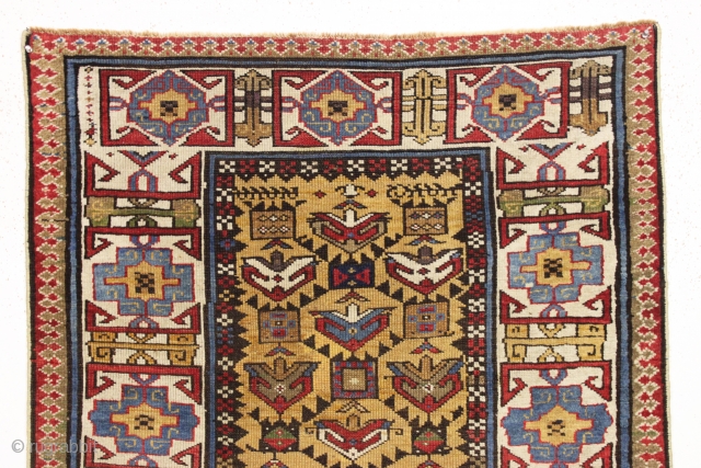 antique mustard yellow ground caucasian rug in good condition. Serrated lattice with large tulip palmettes and an unusually colorful wide ivory kufic main border. Overall nice even medium pile with slight brown  ...