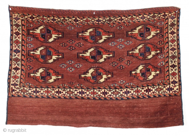 Antique yomud chuval. Spacious drawing. Interesting minors. Good thick pile. Nice tight weave. All natural colors. Rebound sides. 19th c. 2'6" x 3'7"          