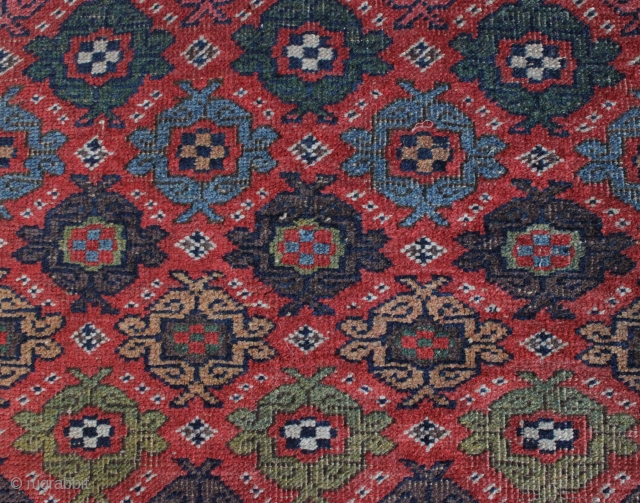 antique kurd bidjar long rug. Interesting and unusual field design. All natural colors. Pile varies from decent medium to low with foundation peeking. No repairs. A charming floor rug, a bit rough  ...