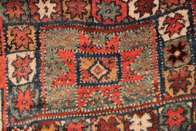 Antique large Kurdish rug. Thick meaty high pile. All good natural colors with beautiful greens. Bold design. No repairs. One corner some old pest damage as shown, easy repair. Reasonably clean. Late  ...