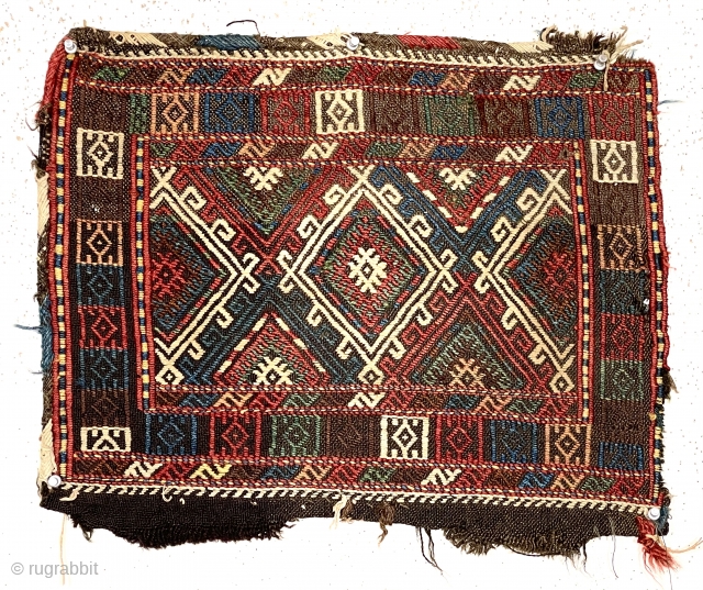 Antique small flat weave bagface or verneh trapping. Not an uncommon type but rarely so well drawn and with such good natural color. Probably Anatolian? Appears clean. A little jewel. 19th c.  ...