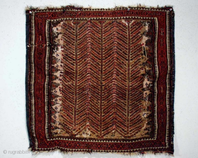 Old large baluch flat woven bagface or small sofreh. In somewhat rough or puzzling condition. Good sized areas appear to be rewoven but maybe not? Nice fine weave. All natural colors. Original  ...